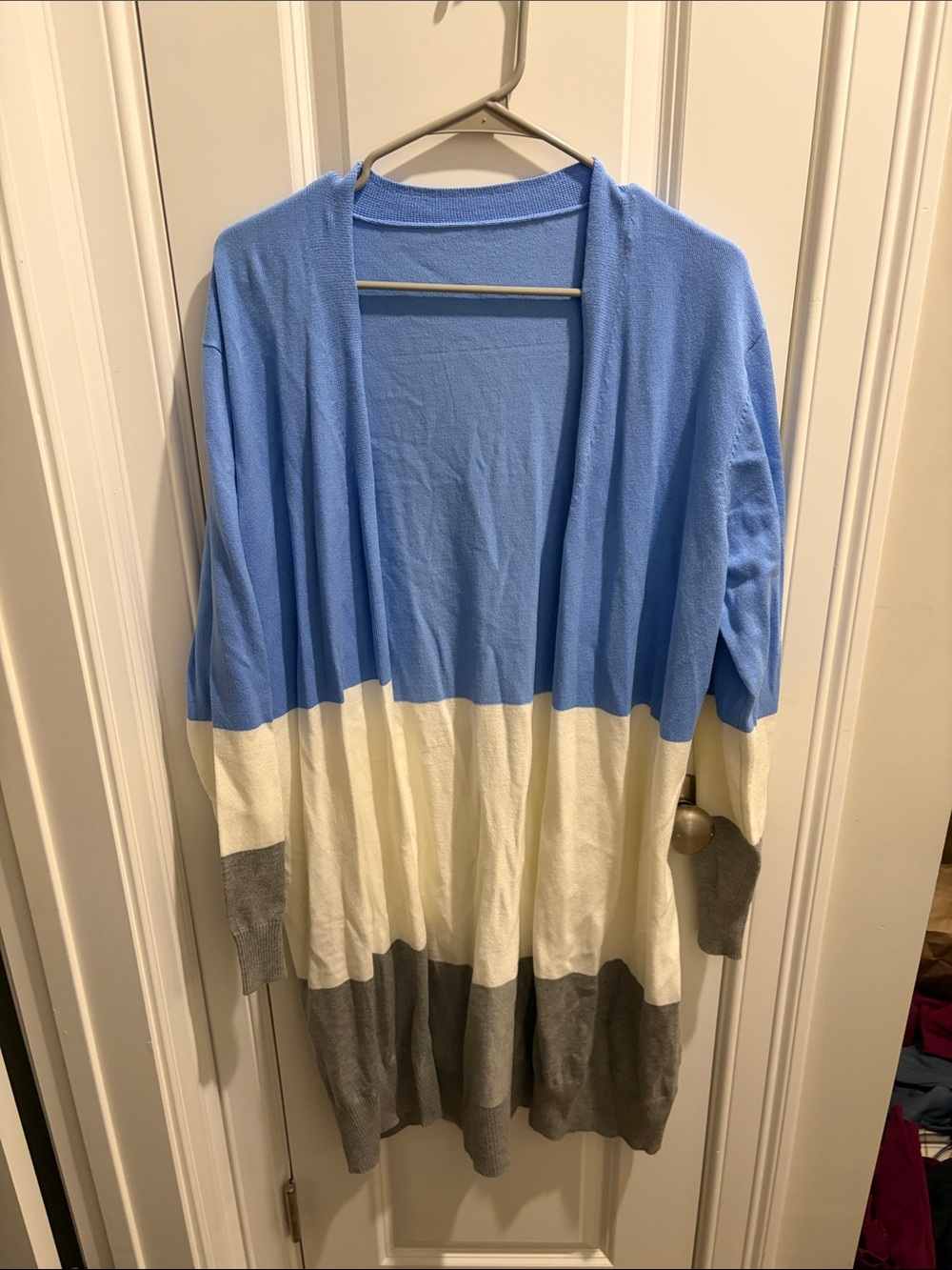 Blue, White & Gray Colorblock Open Front Cardigan